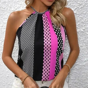 Vintage Halter Top - Black & Pink Geo Print 8/10